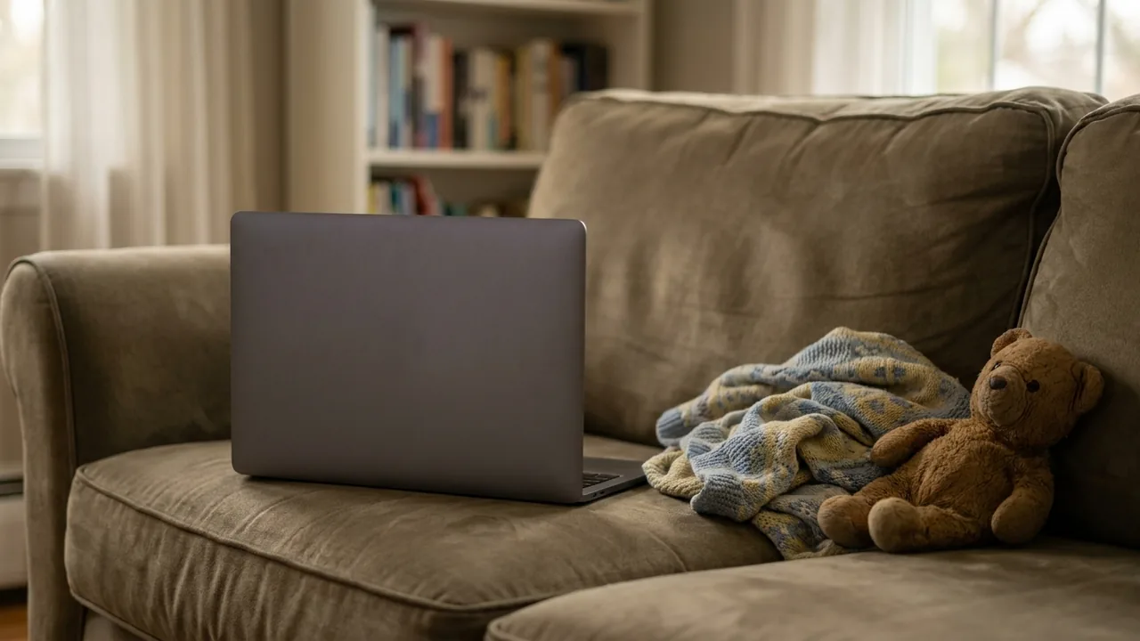 Ein Laptop steht zugeklappt neben einer Kinderdecke auf einem Sofa.