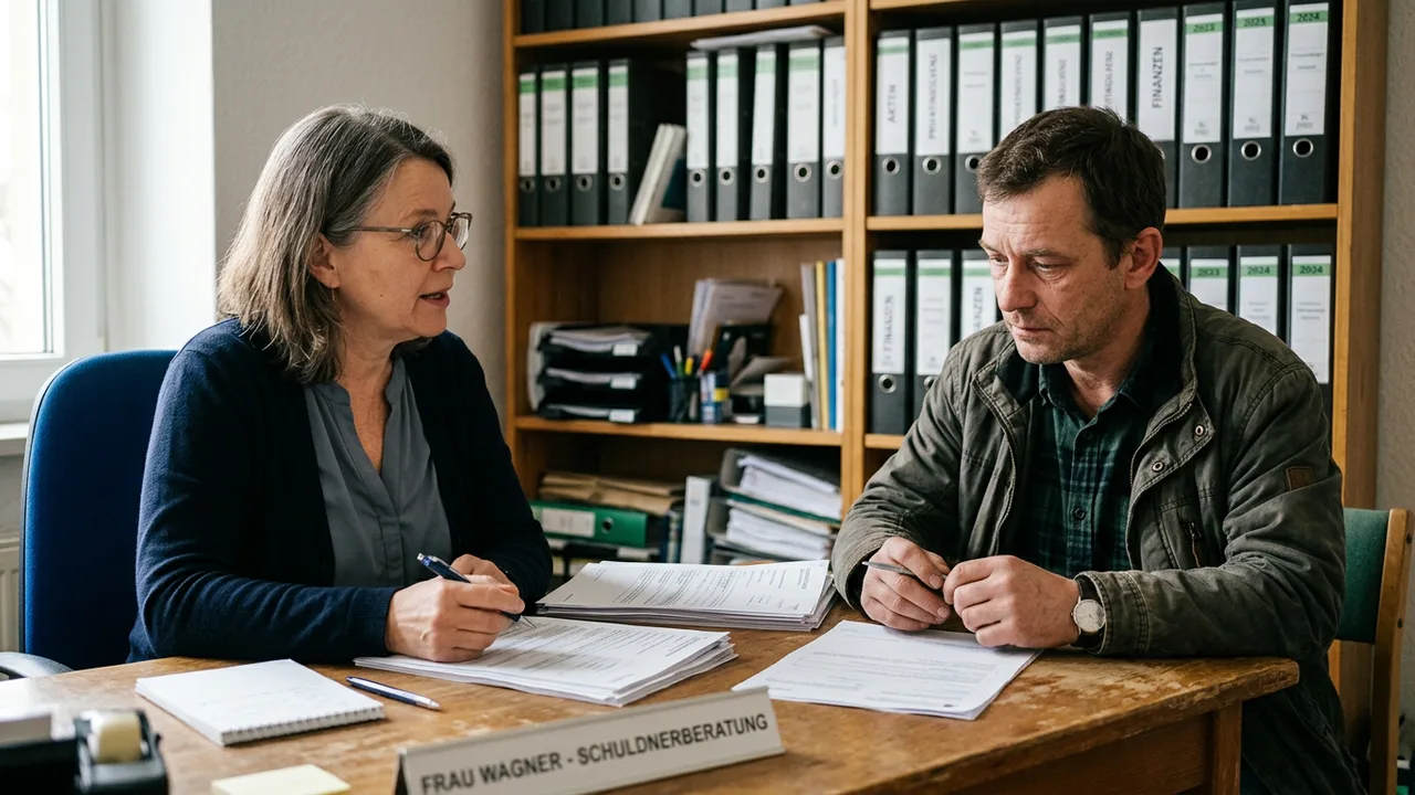 Beratungsgespräch in einer Schuldnerberatungsstelle mit Formularen auf dem Tisch zwischen Berater und Klient.