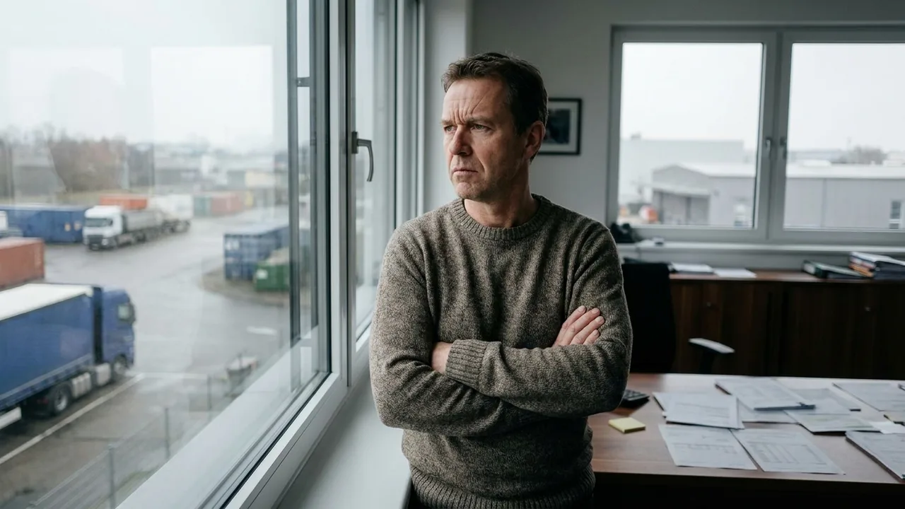 Unternehmer blickt nachdenklich aus dem Bürofenster auf den Betriebshof
