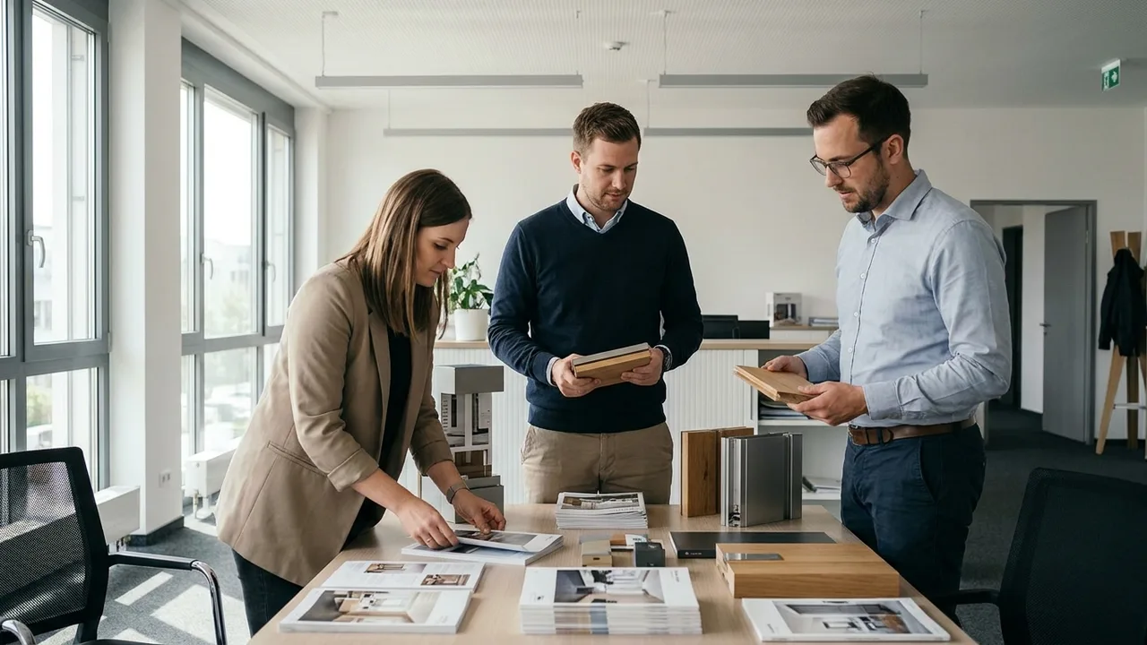 Vertriebsteam bereitet einen Messeauftritt mit Produktmustern vor