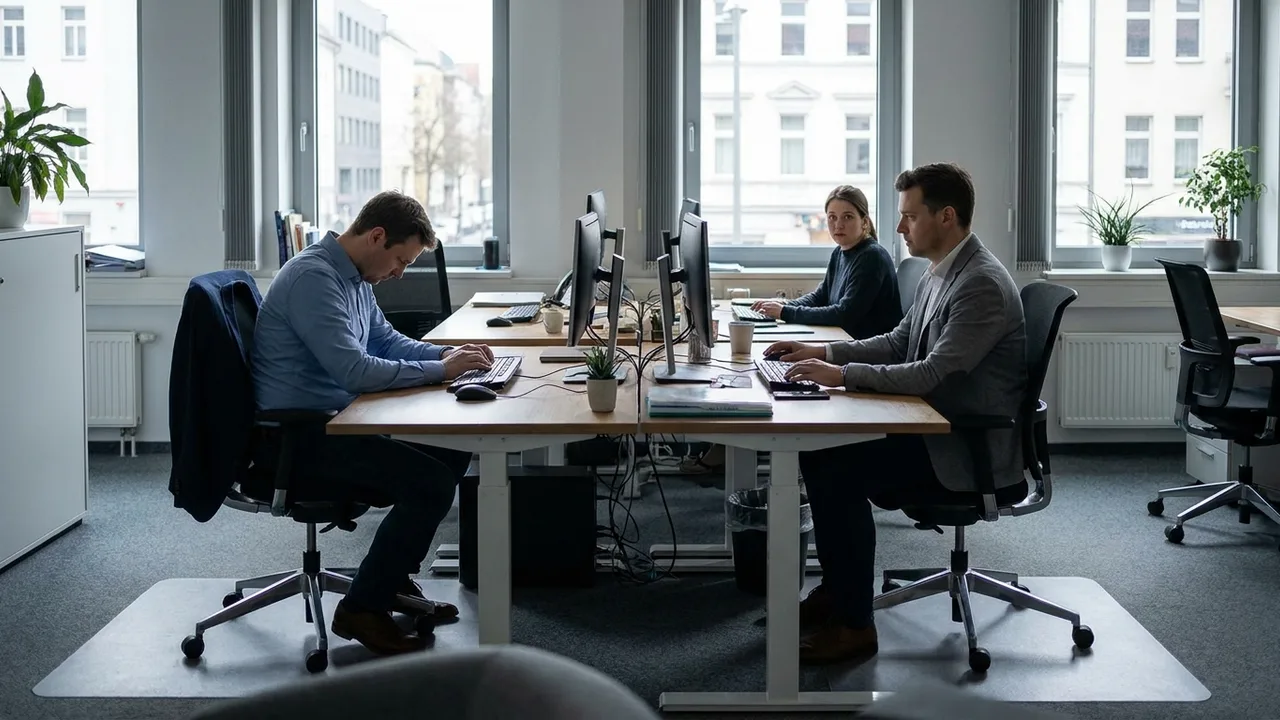 Angespannte Stimmung zwischen zwei Mitarbeitern an benachbarten Schreibtischen