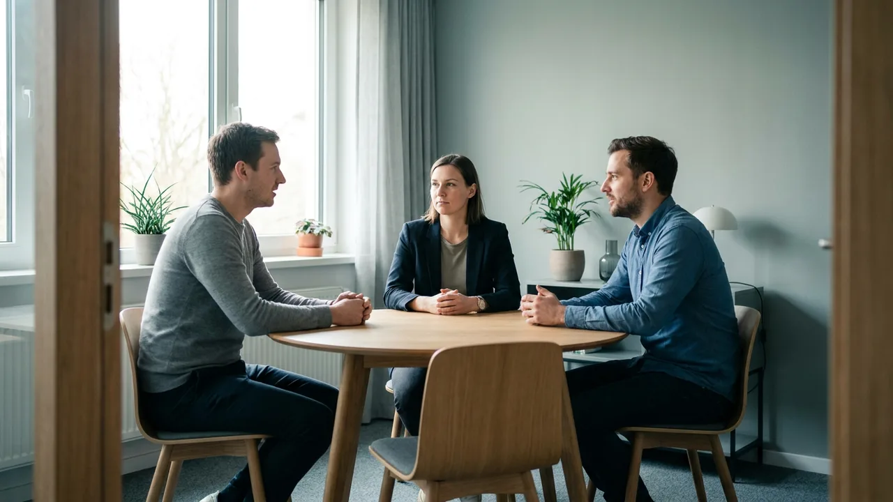 Führungskraft moderiert ein Klärungsgespräch zwischen zwei Mitarbeitern am runden Tisch