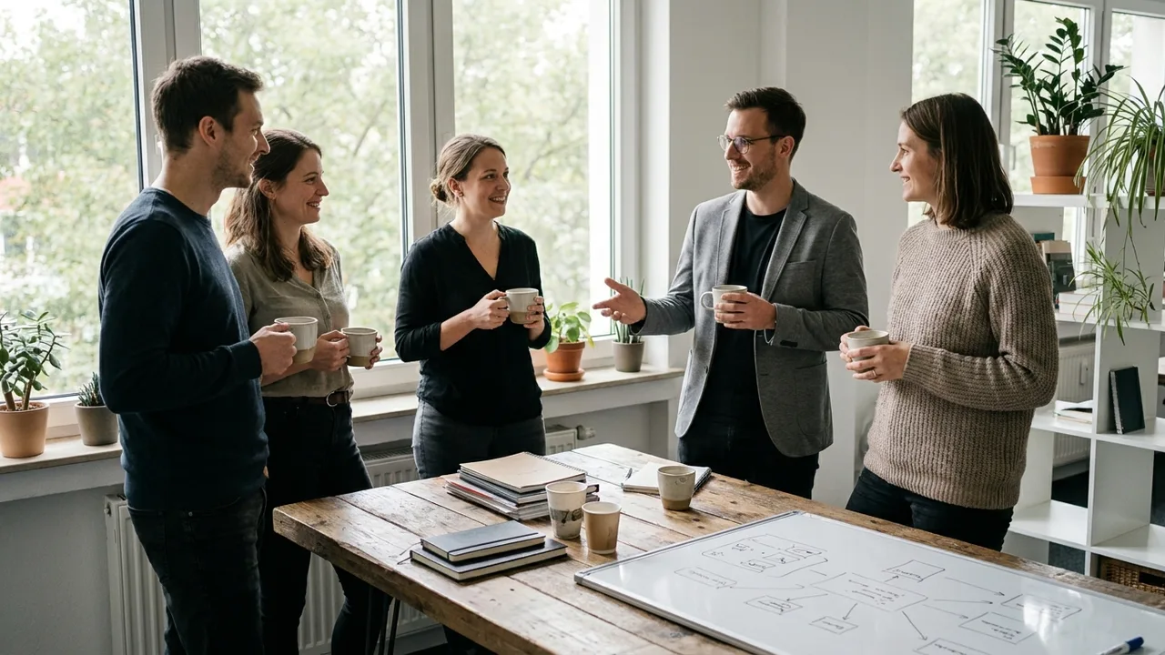 Team bespricht Zusammenarbeit in entspannter Runde im Büro