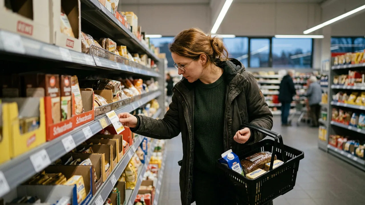 Frau mit halbleerem Einkaufskorb prüft nachdenklich ein Preisschild im Supermarktregal.