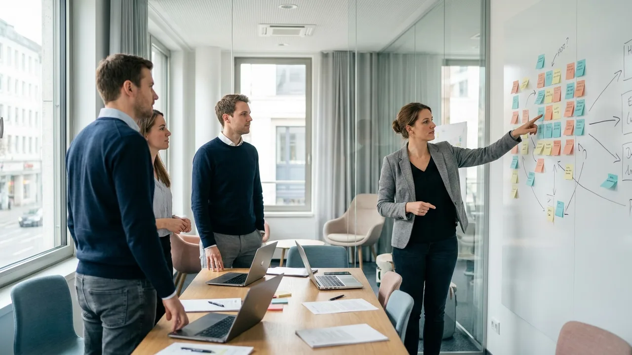 Team erarbeitet eine Wissenslandkarte mit Haftnotizen an einer Bürowand