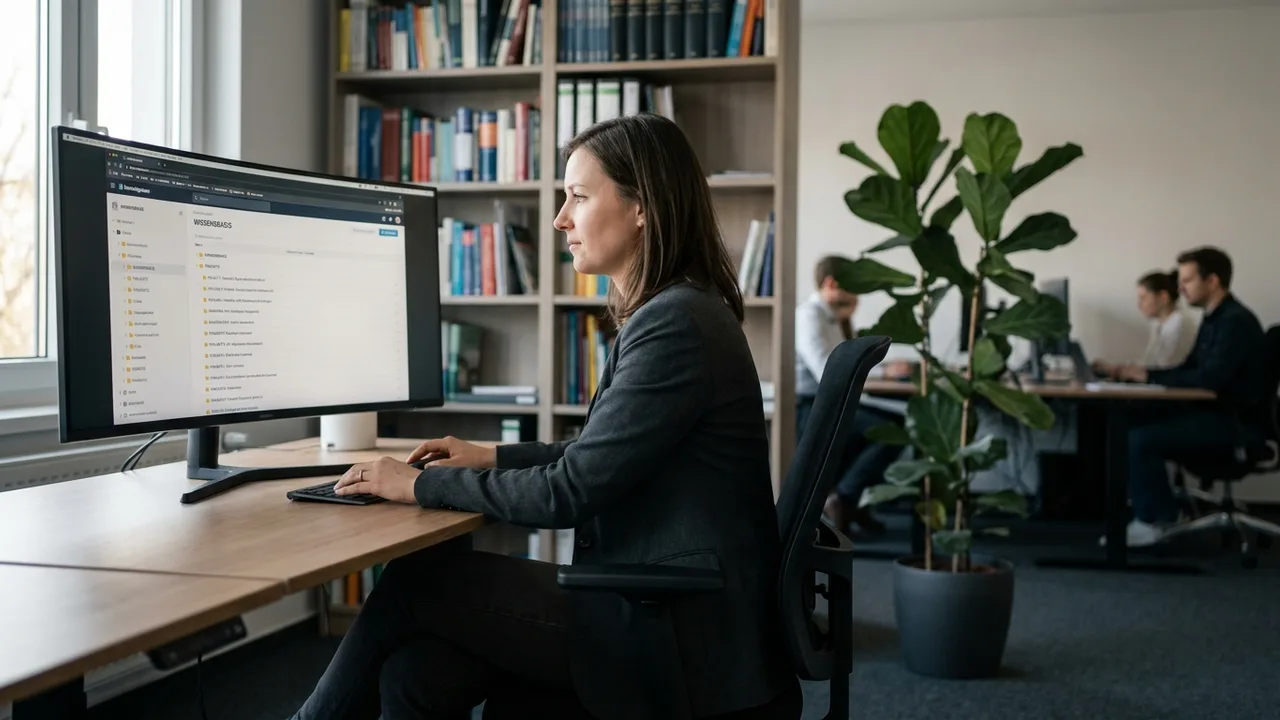 Mitarbeiterin pflegt eine digitale Wissensdatenbank am Bildschirm