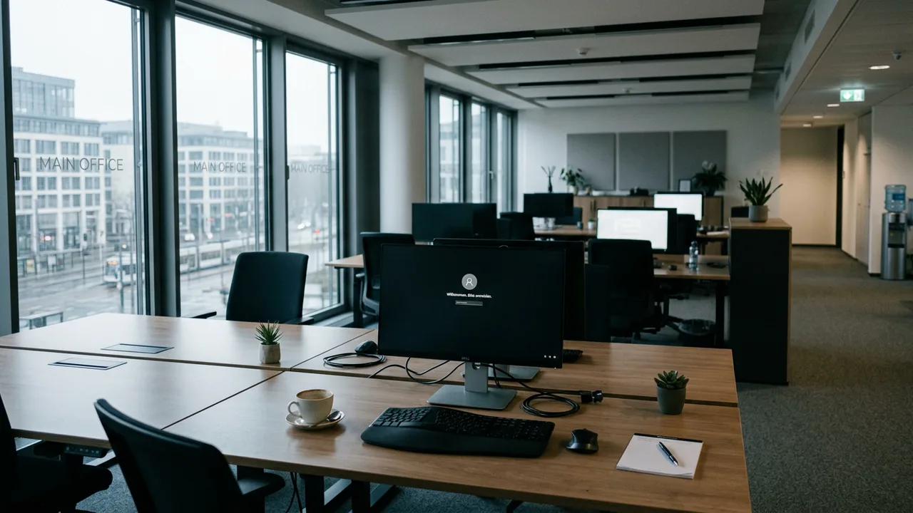 Ein leerer Schreibtisch mit eingeschaltetem Monitor in einem sonst unbesetzten Großraumbüro.