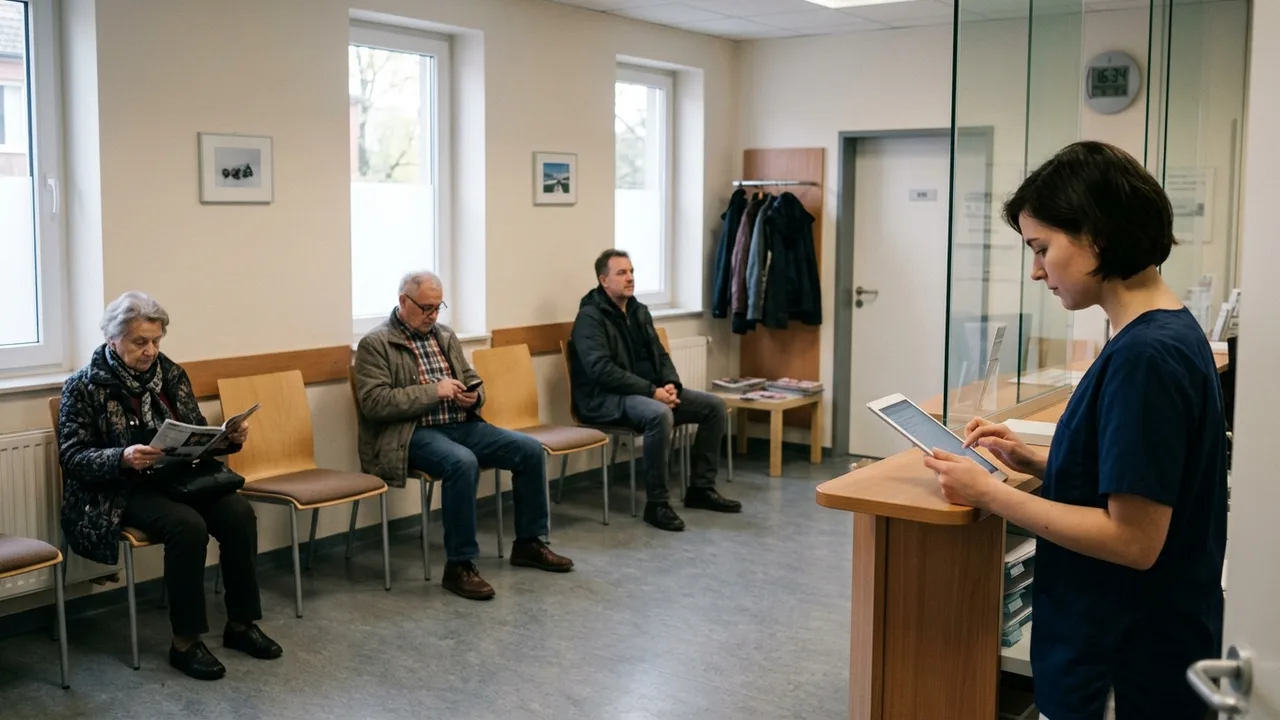 Patienten warten in einem Wartezimmer einer Arztpraxis, eine Angestellte prüft etwas an einem Tablet.