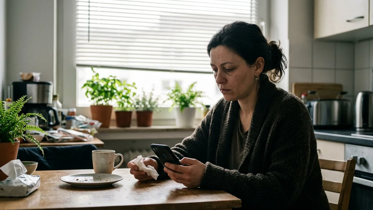 Frau sitzt krank zu Hause am Küchentisch und schaut auf ihr Smartphone.