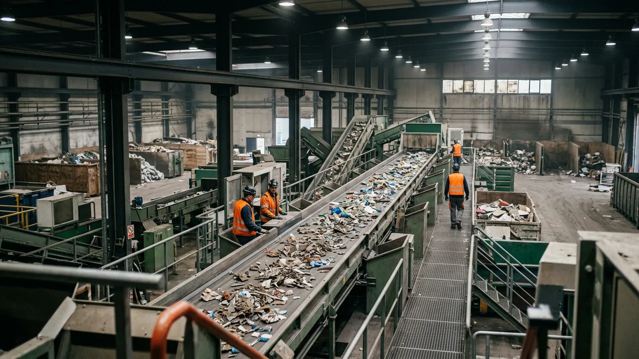 Arbeiter in Schutzkleidung überwachen ein Förderband mit sortiertem Recyclingmaterial in einer Industriehalle.