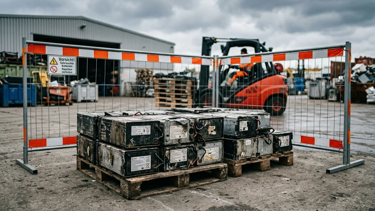 Gebrauchte Batteriepacks stehen auf Paletten in einem gesicherten Lagerbereich im Freien.