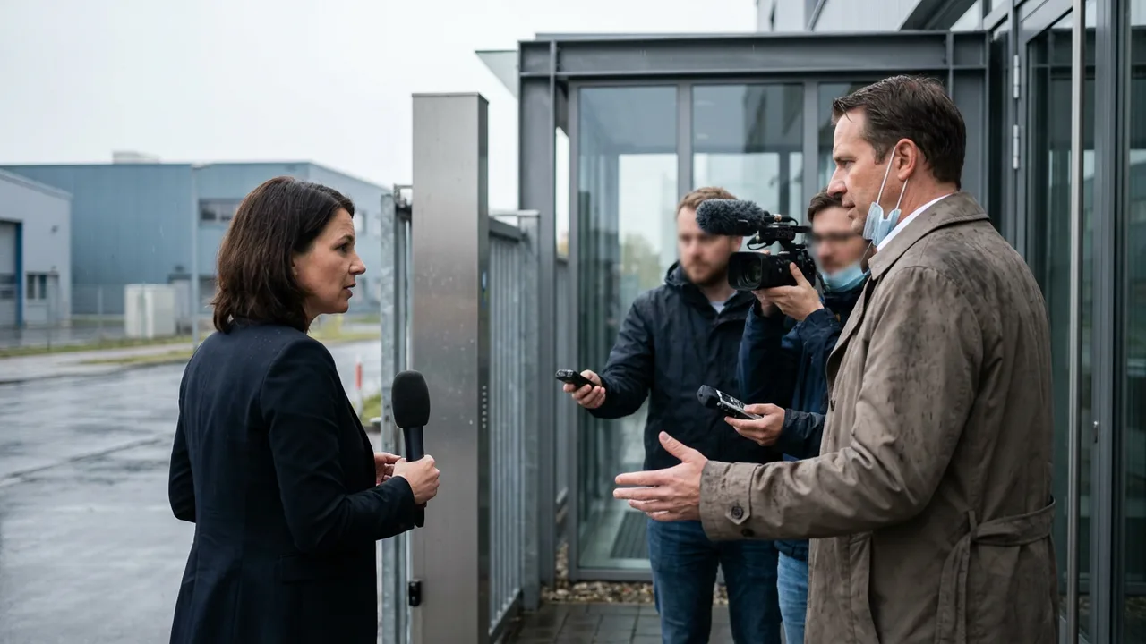 Unternehmenssprecherin gibt Journalisten vor dem Werkstor ein Statement