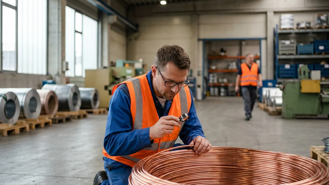 Ingenieur prüft Kupferdrahtrollen in einer Fabrikhalle
