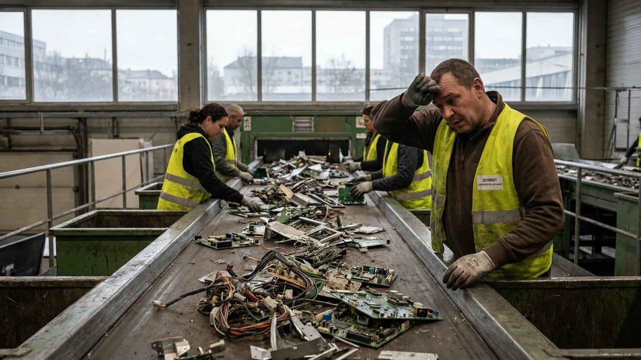 Mitarbeiter sortieren Leiterplatten in einer Recyclinganlage