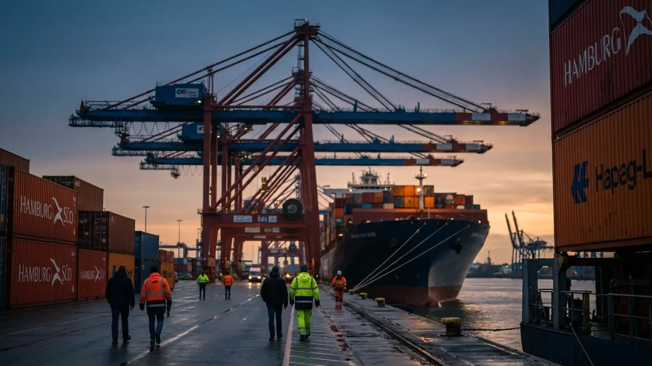 Containerschiff wird im Hafen bei Abenddämmerung beladen