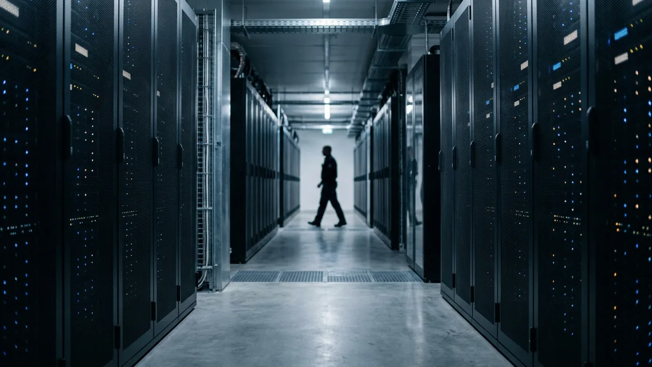 Serverraum eines Finanzdienstleisters mit gesicherten Racks und einer Person im Hintergrund