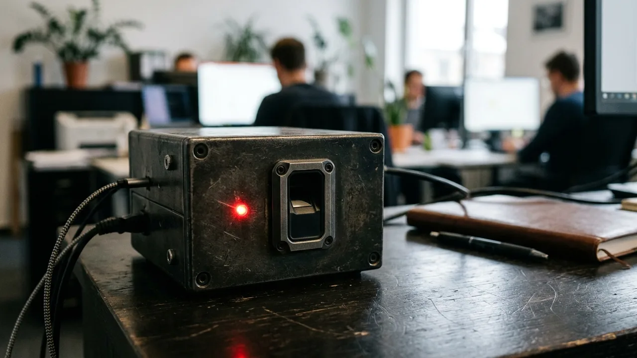 Hardware-Sicherheitsmodul mit biometrischem Scanner auf einem Schreibtisch in einem Büro
