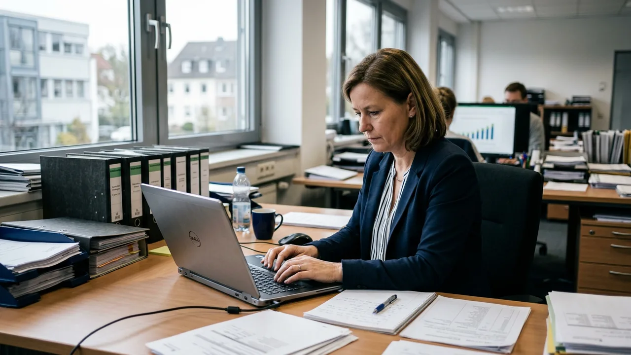 Büroarbeitsplatz mit Laptop und Geschäftsunterlagen, im Hintergrund unscharfe Kursverläufe auf einem Bildschirm.