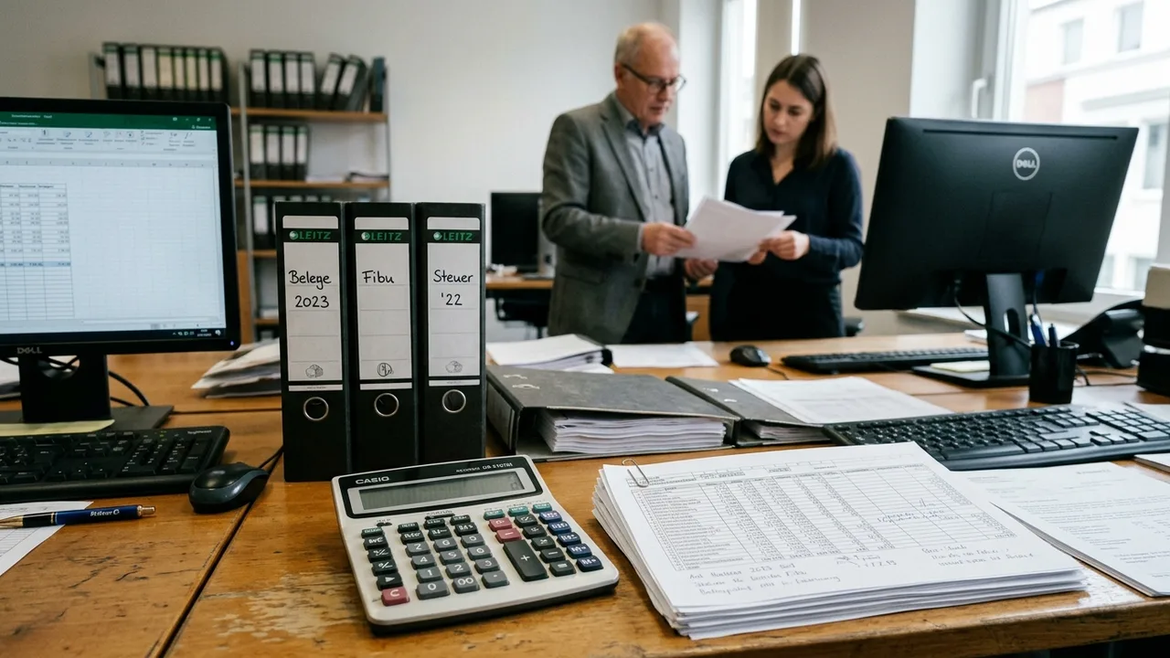 Schreibtisch in einer Kanzlei mit Aktenordnern, Taschenrechner und Tabellen, im Hintergrund zwei Personen im Gespräch.