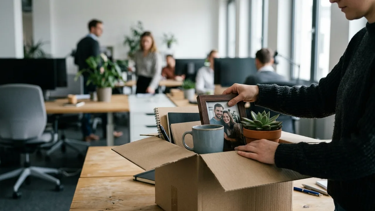 Hände packen persönliche Gegenstände wie Foto und Tasse in einen Karton im Büro.