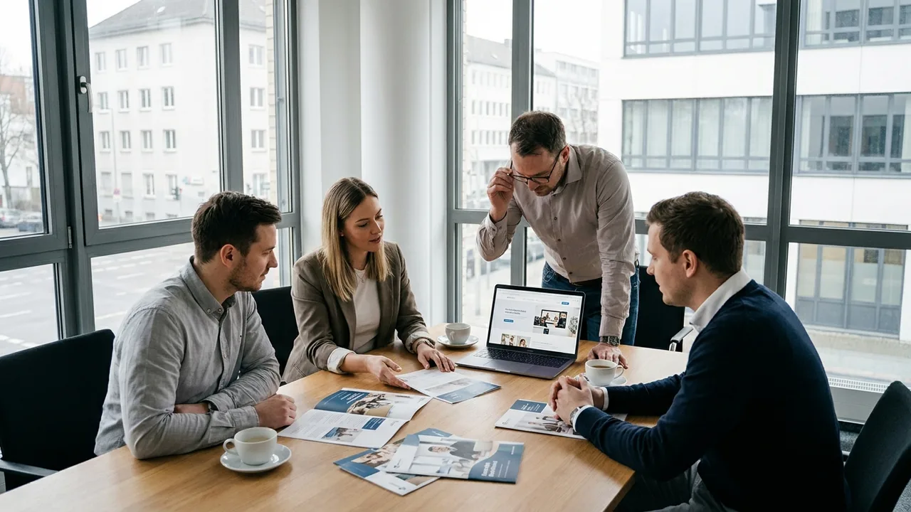 Ein Marketingteam bespricht Broschüren und einen Website-Entwurf am Tisch.