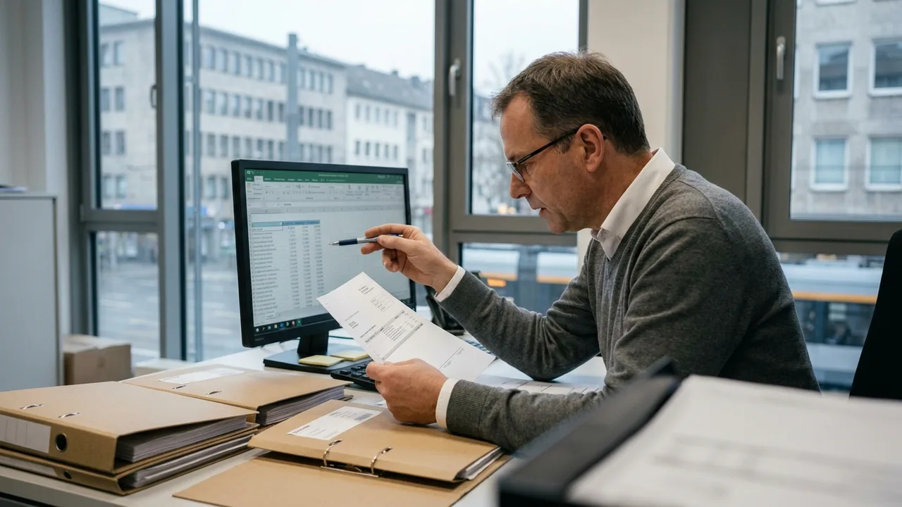 Eine Buchhalterin gleicht Kreditorenkonten am Bildschirm mit Rechnungen ab.