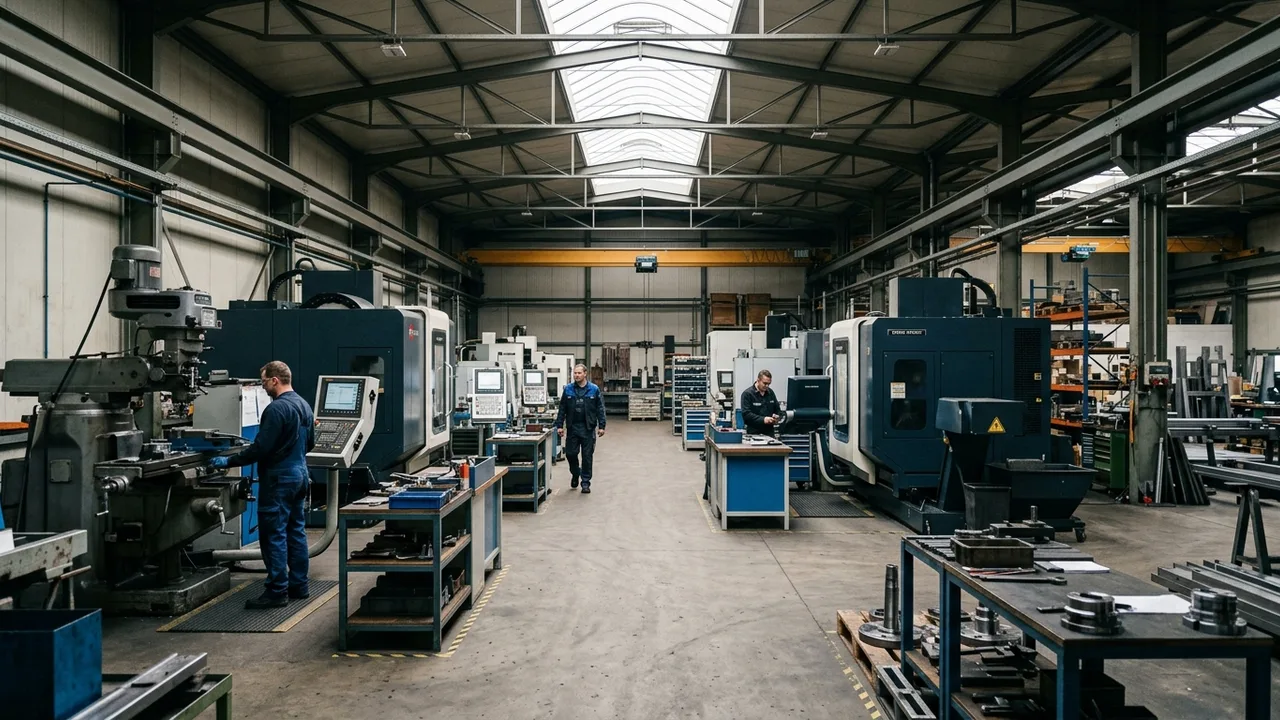 Menschenleere Produktionshalle mit stillstehenden Maschinen und wenigen anwesenden Beschäftigten am Vormittag.