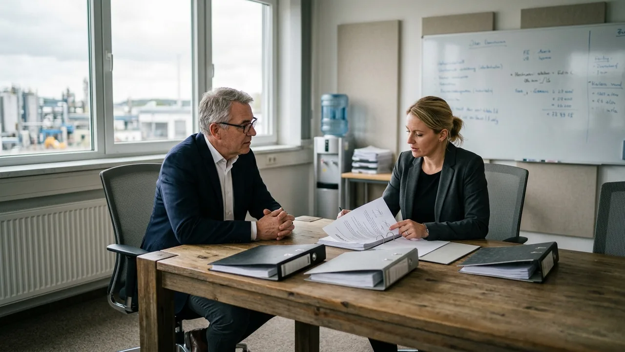 Betriebsrat und Personalleiterin besprechen an einem Konferenztisch Unterlagen zu einer Betriebsvereinbarung.