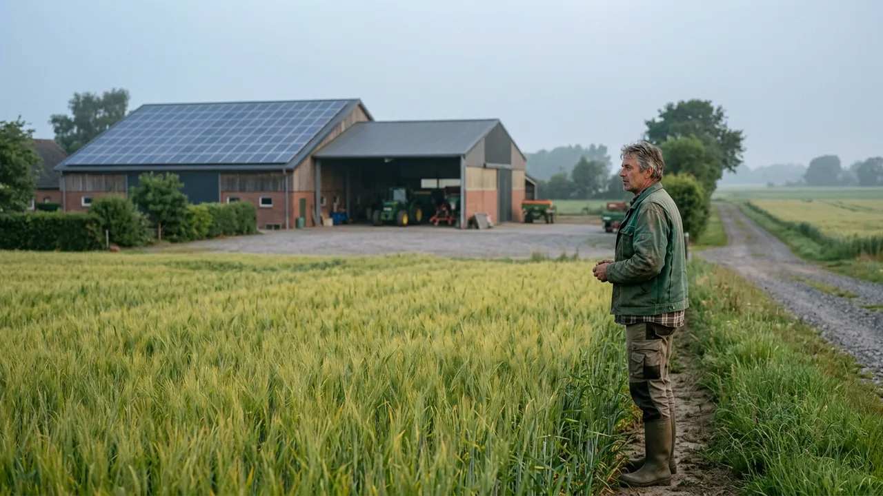 Landwirt steht vor seinem Hof mit Getreidefeld und Photovoltaik auf dem Scheunendach im Morgenlicht.