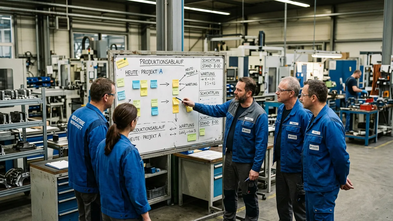 Mitarbeiter besprechen an einer Tafel mit Klebezetteln den Produktionsablauf in einer Fabrikhalle.