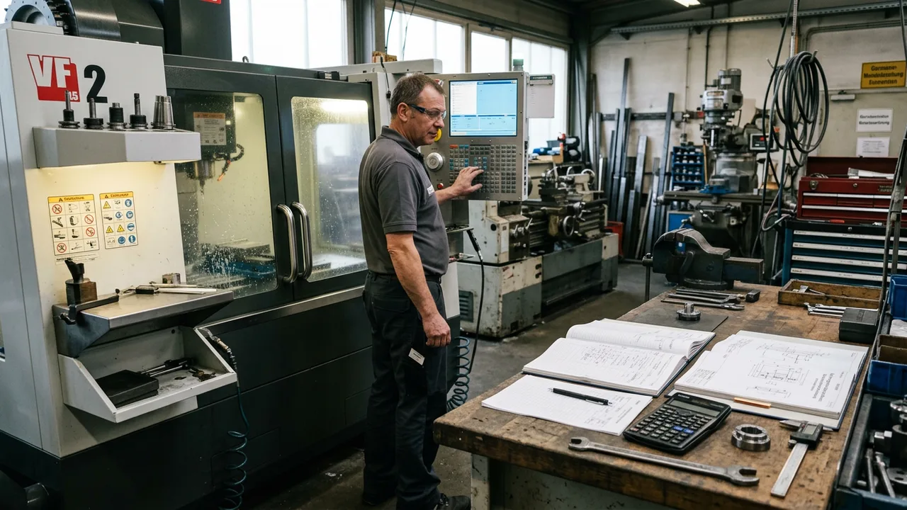 Ein Techniker bedient eine CNC-Maschine in einer Werkstatt, auf der Werkbank liegen Unterlagen und ein Taschenrechner.