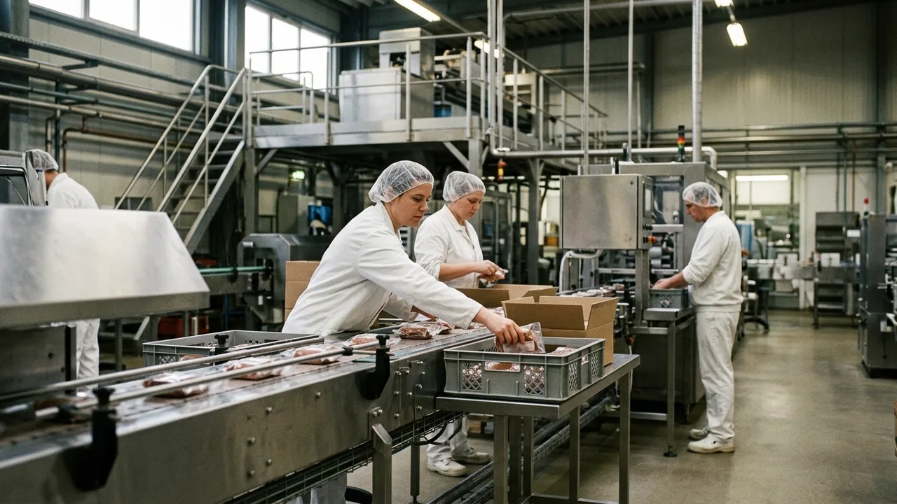 Arbeiter in weißer Schutzkleidung an einer Edelstahl-Produktionslinie in einer Lebensmittelfabrik.