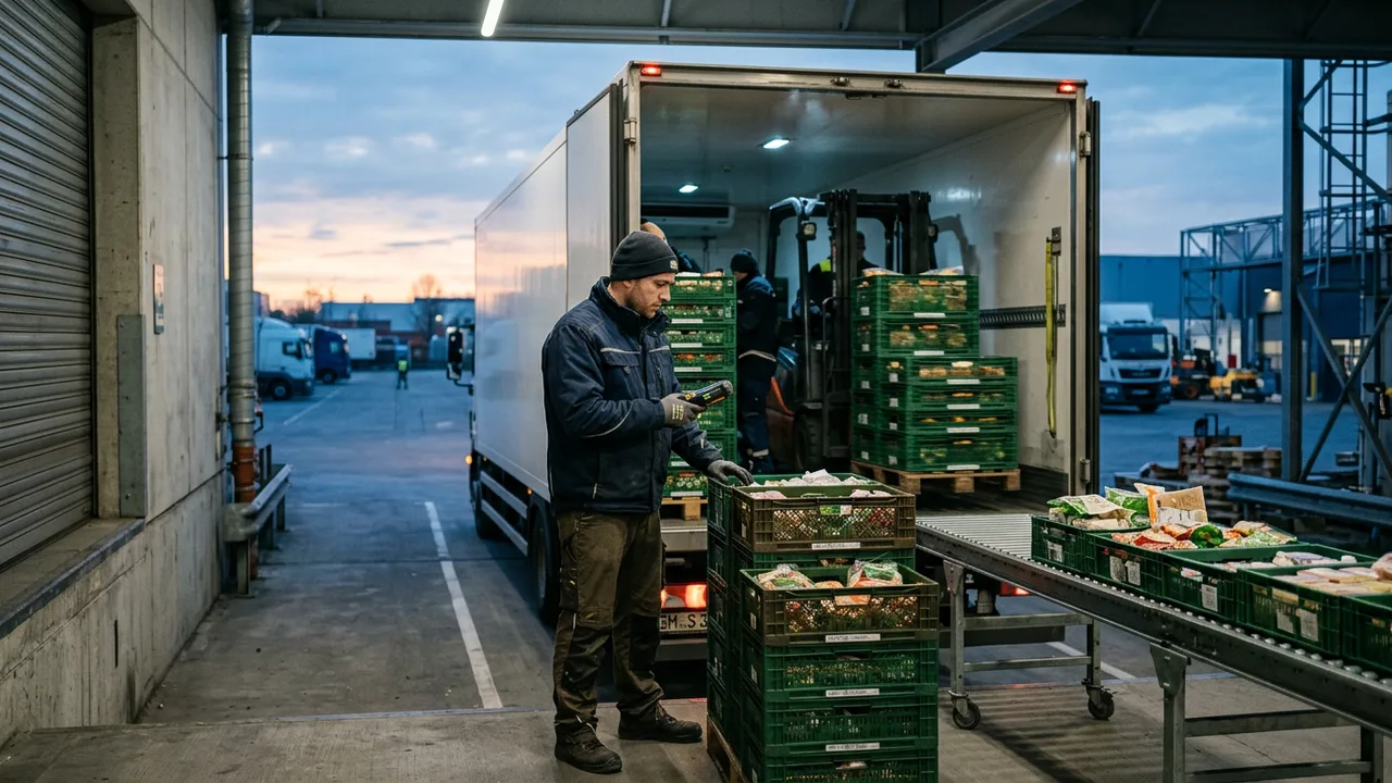 Ein Logistikmitarbeiter kontrolliert am Morgen die Beladung eines Kühl-Lkw mit Lebensmisteln an einer Laderampe.