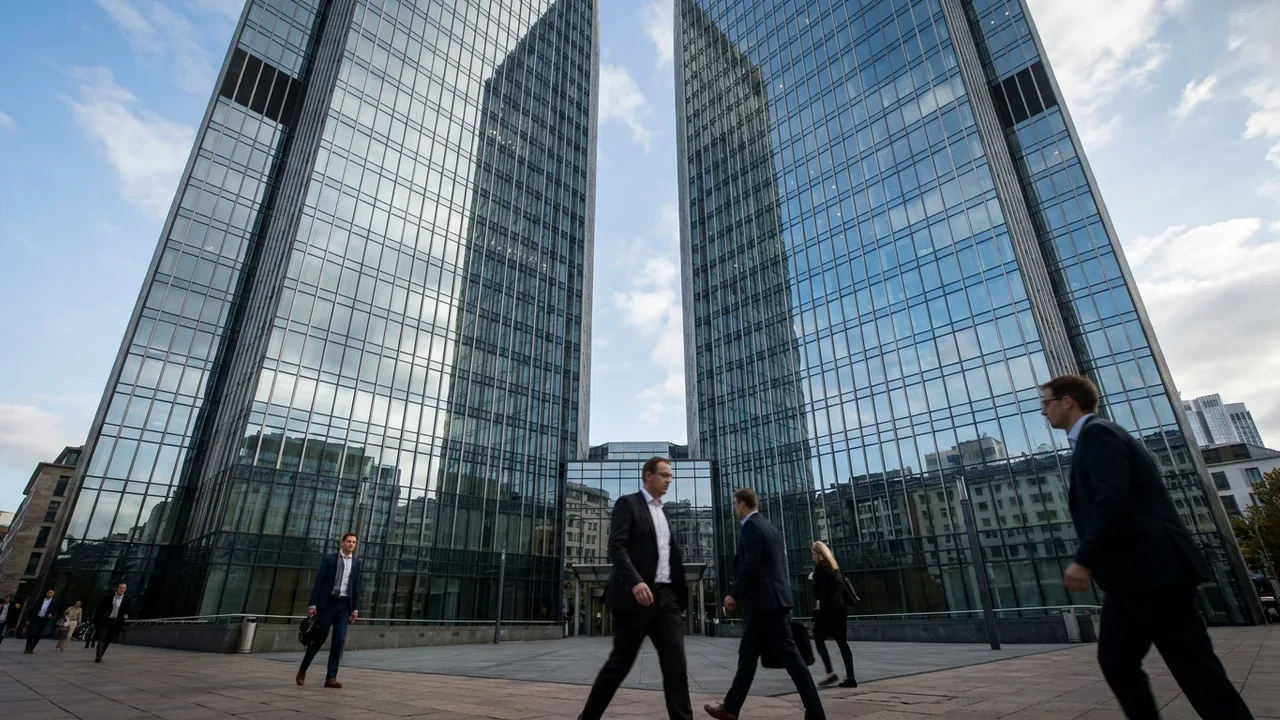 Glasfassade eines Frankfurter Bankenhochhauses von unten fotografiert