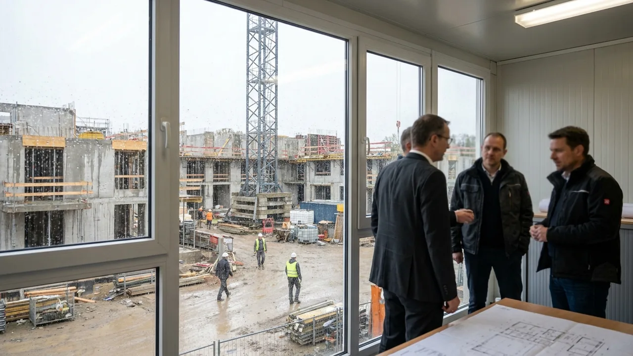 Rohbau eines Wohngebäudes mit Baukran auf einer Baustelle