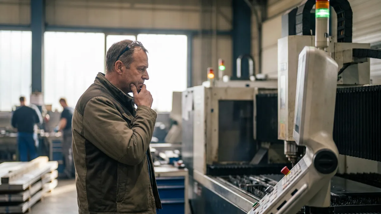 Betriebsleiter betrachtet neue CNC-Maschinen in einer Produktionshalle