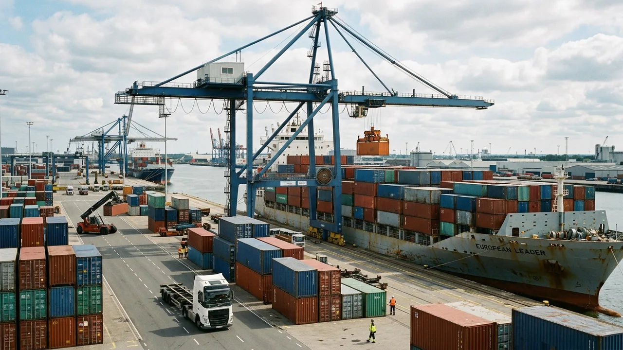 Frachtcontainer werden im Hafen auf ein Schiff verladen, im Hintergrund Kräne und graue Wolken.