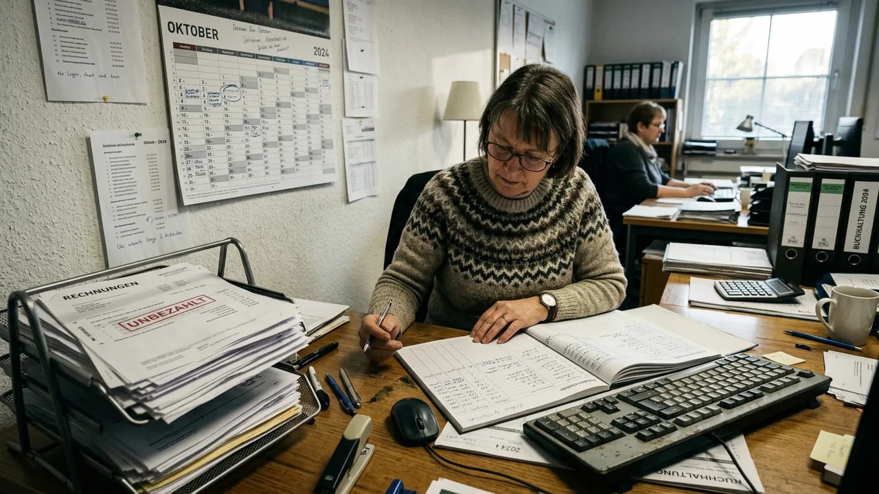 Ein Buchhalter prüft im Büro eines mittelständischen Betriebs Rechnungen und eine Liquiditätsübersicht auf Papier.