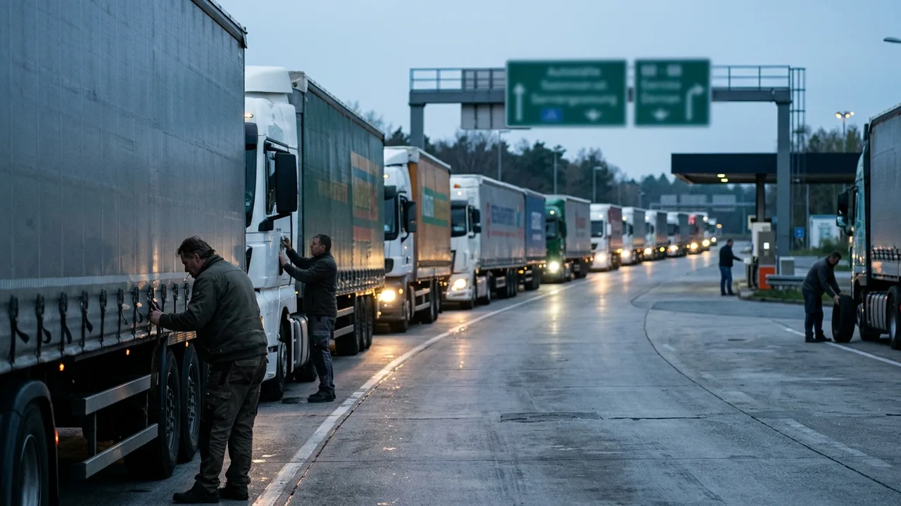 Lastwagen stehen in der Morgendämmerung auf einem Rastplatz an der Autobahn.