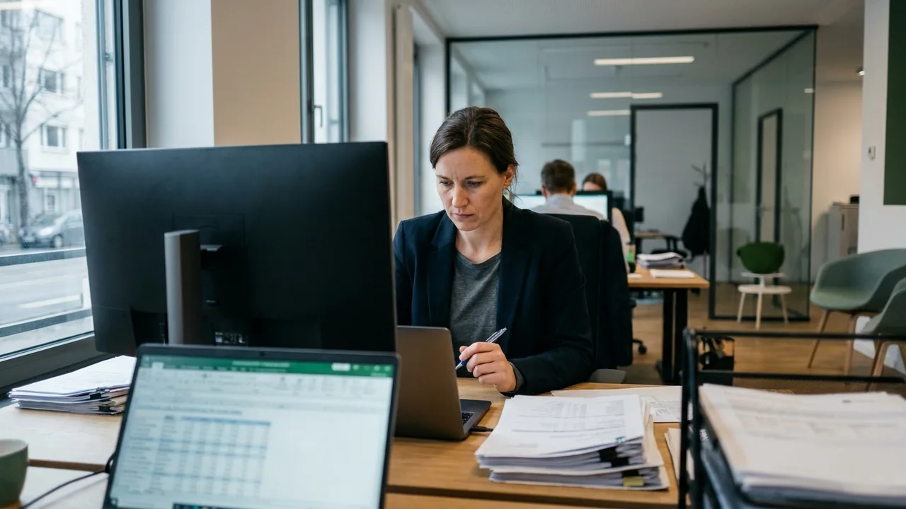 Personalverantwortliche prüft Gehaltsabrechnungen am Schreibtisch