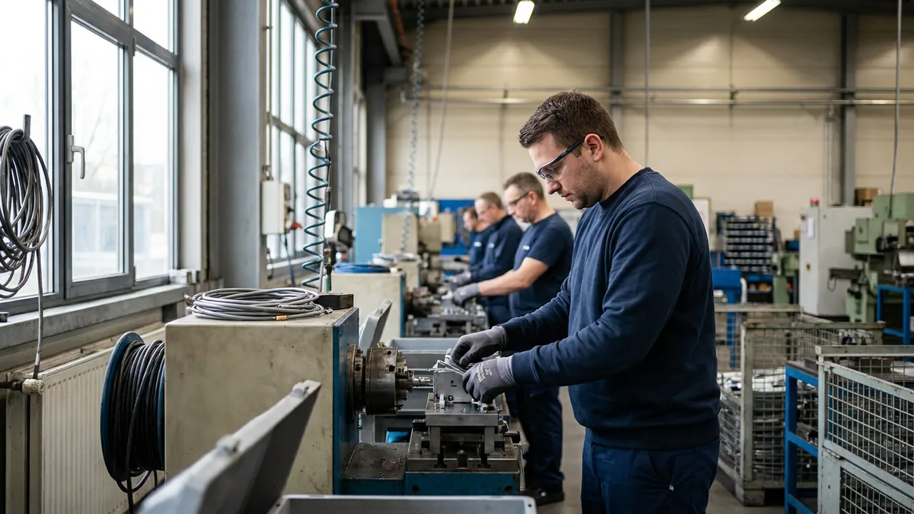Beschäftigte montieren Metallbauteile an einer Fertigungslinie