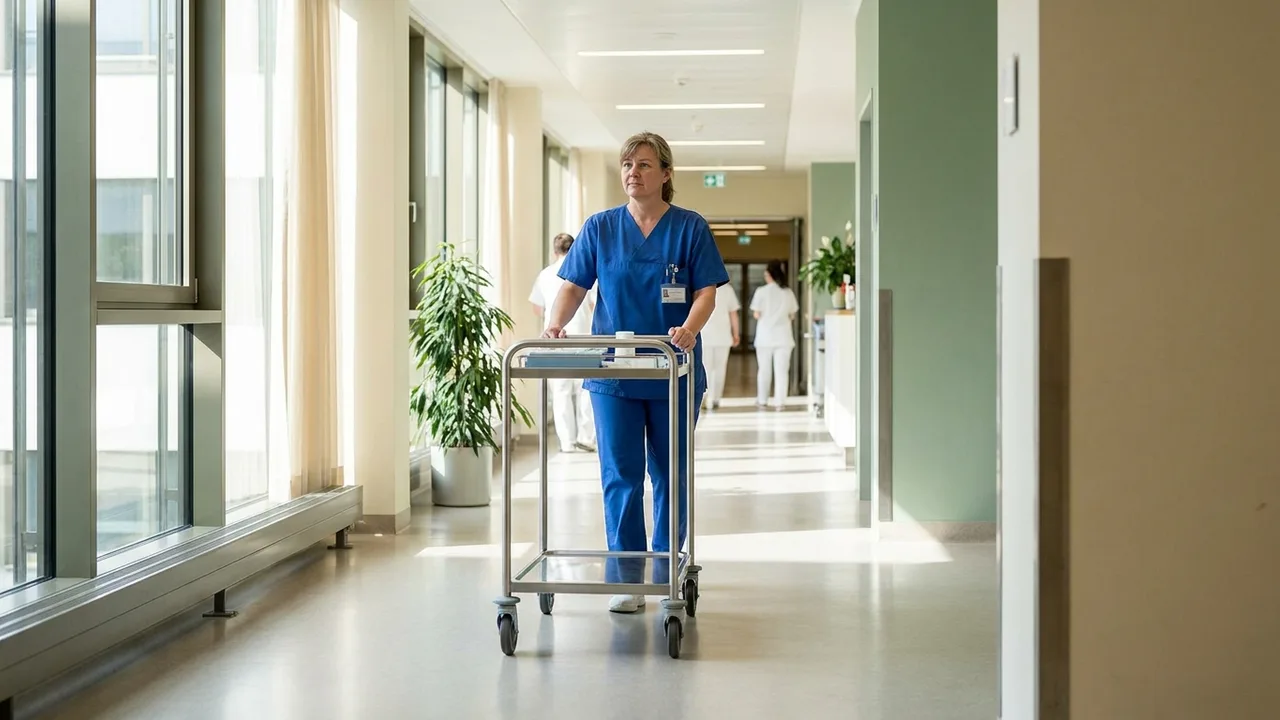 Pflegekraft schiebt einen Medikamentenwagen über einen Klinikflur