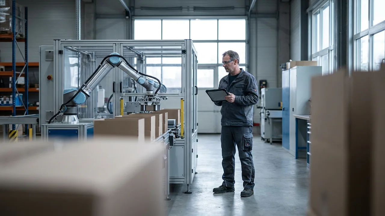 Roboterarm verpackt Waren, ein Techniker überwacht die Anlage