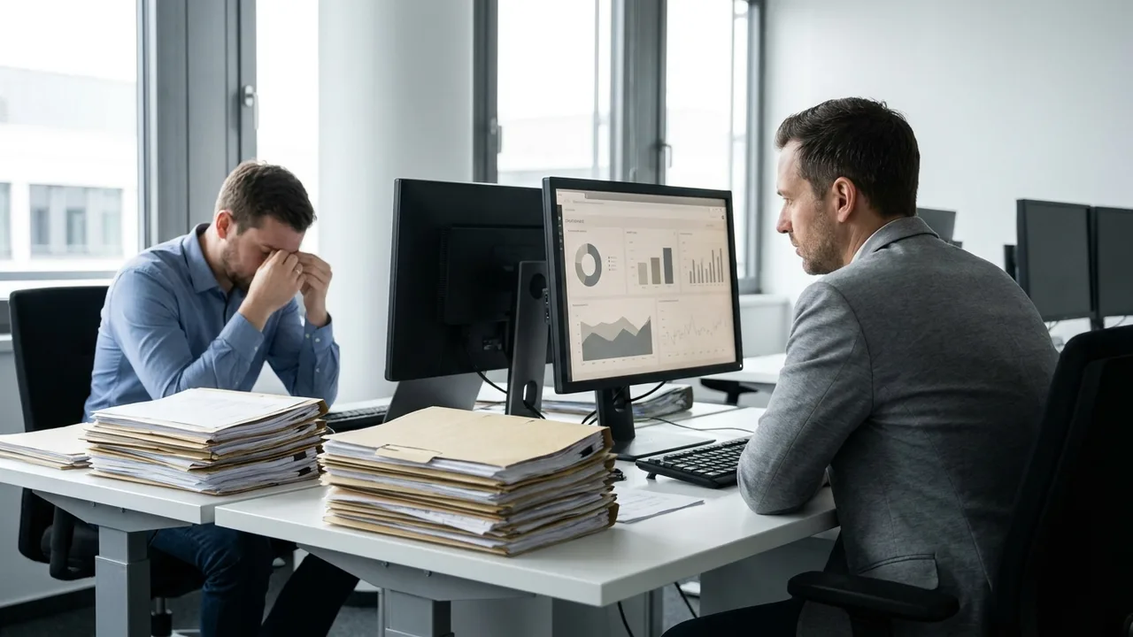 Teamleiter betrachtet Auswertungen am Monitor, Mitarbeiter sitzt vor Aktenstapeln