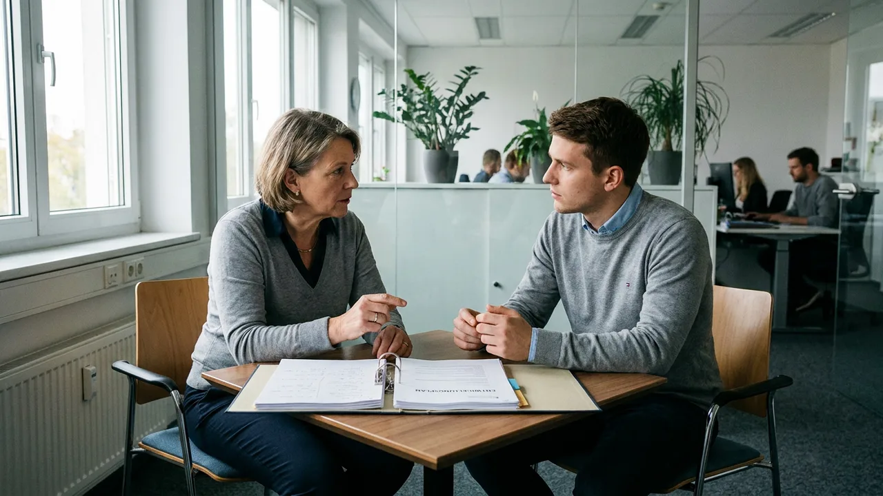 Führungskraft und Mitarbeiter besprechen einen schriftlichen Entwicklungsplan