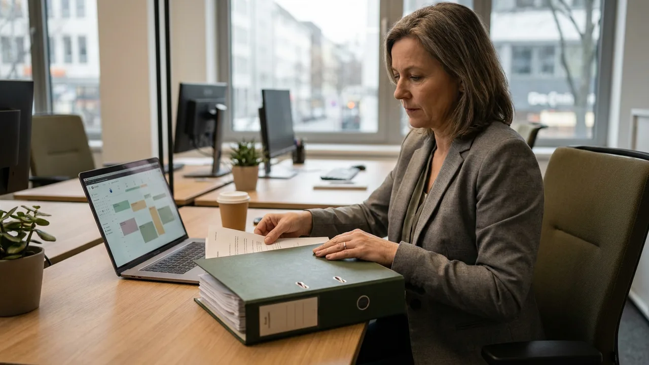 Personalerin heftet Dokumentation in einen Ordner neben Laptop mit Kalender