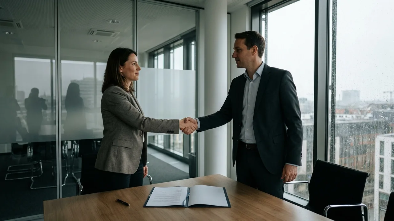 Zwei Personen geben sich nach Unterzeichnung einer Vereinbarung die Hand