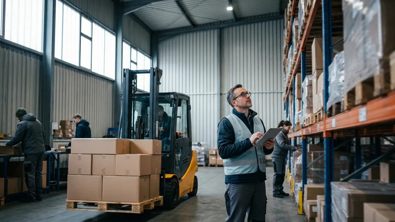 Logistikmitarbeiter mit Tablet prüft Palettenregale in einem Lager