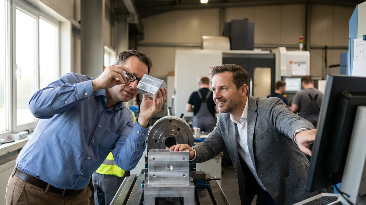 Führungskräfte prüfen ein Bauteil an einer CNC-Maschine in der Fertigung