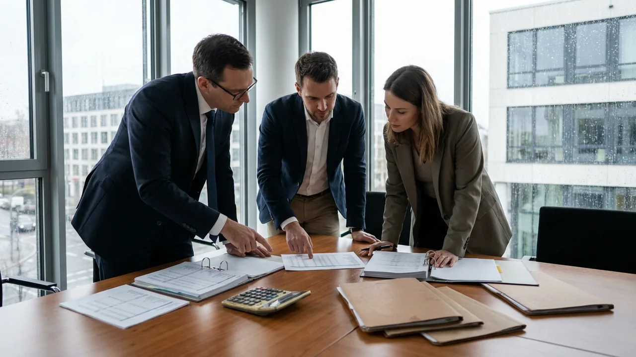 Finanzierungsgespräch mit Bank und Berater über eine Unternehmensübernahme
